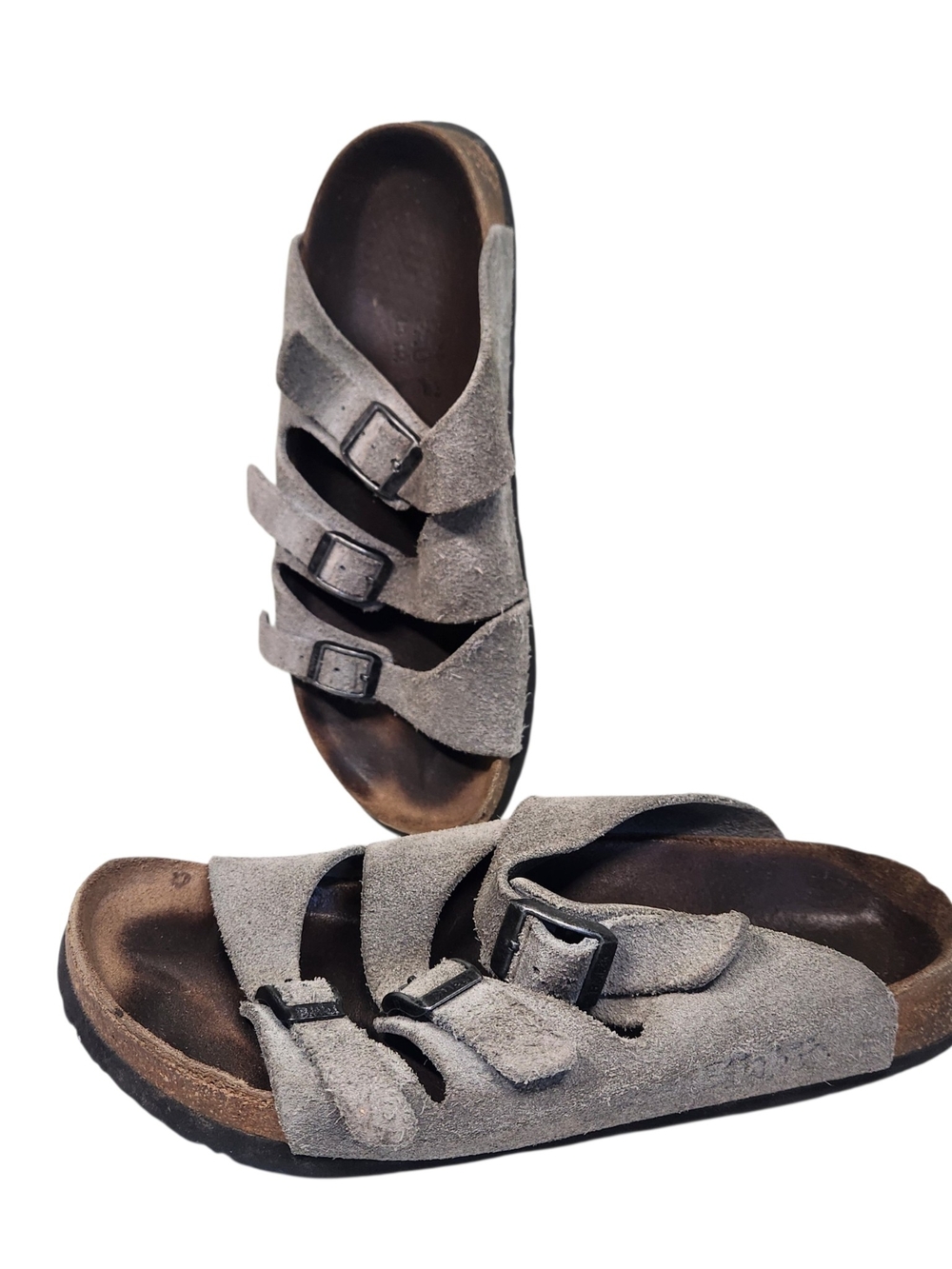 Birkenstock Birkis Sandals Grey Buckle Leather Suede Size 37 Womens 6 - 6.5